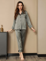 [Vert Grisâtre] SilkSilky-FR Pure Soie Manches longues Womens Pajamas 003