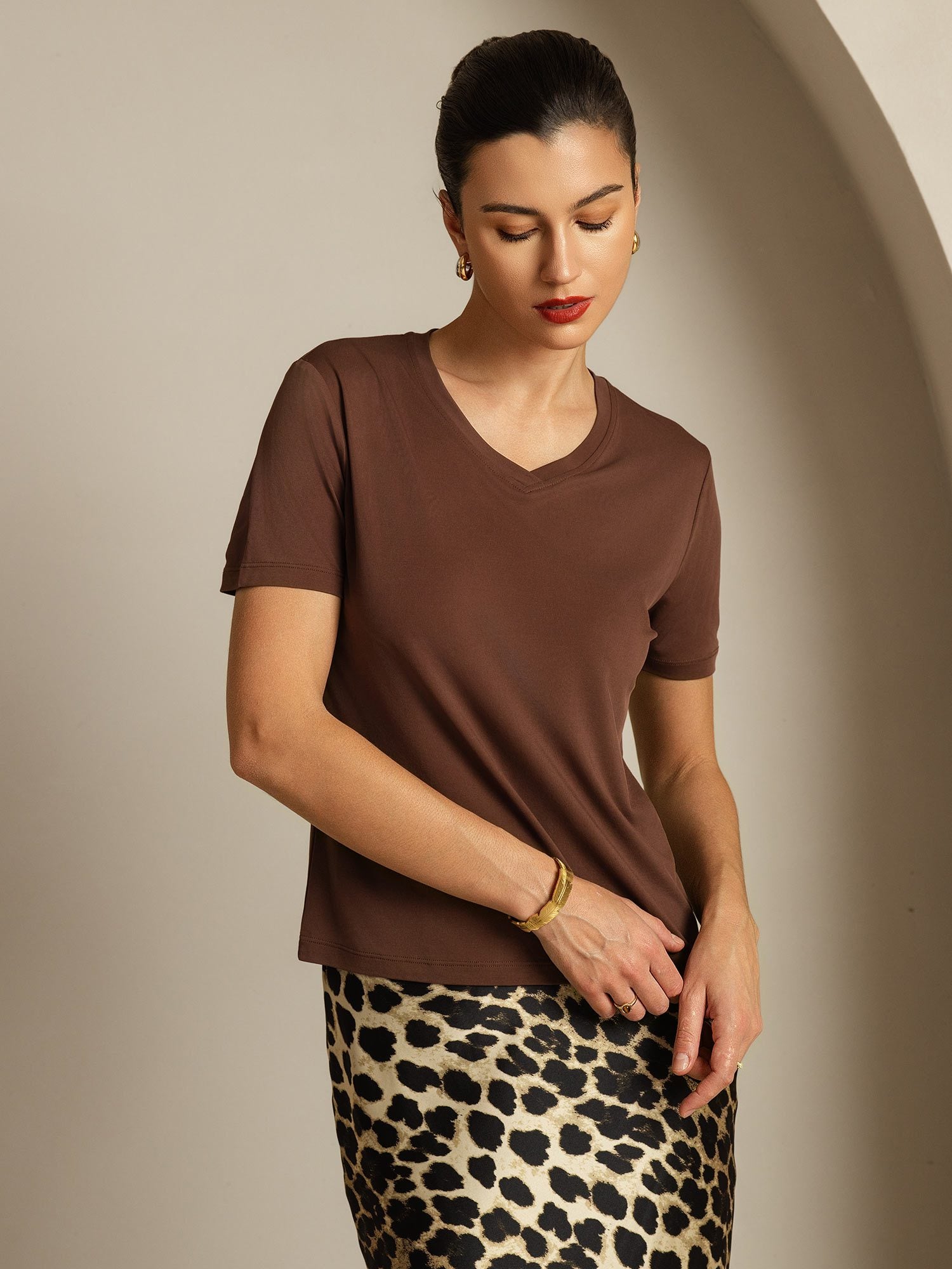 [Café] SilkSilky-FR Soie Womens T-Shirt 006