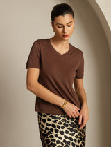 [Café] SilkSilky-FR Short Sleeve V Neck Femme T-Shirt 006