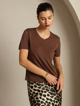 [Café] SilkSilky-FR Short Sleeve V Neck Femme T-Shirt 006