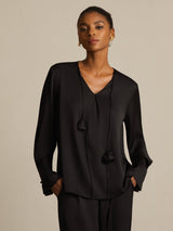 [Noir] SilkSilky-FR Long Sleeve V Neck Blouse 001