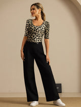 [Leopard] SilkSilky-FR Manches mi-longues Encolure Dégagée Femme T-Shirt 008