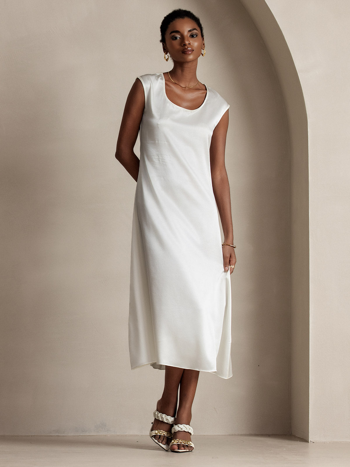 [Blanc] SilkSilky-FR 19Momme Soie Col Rond Robes 004