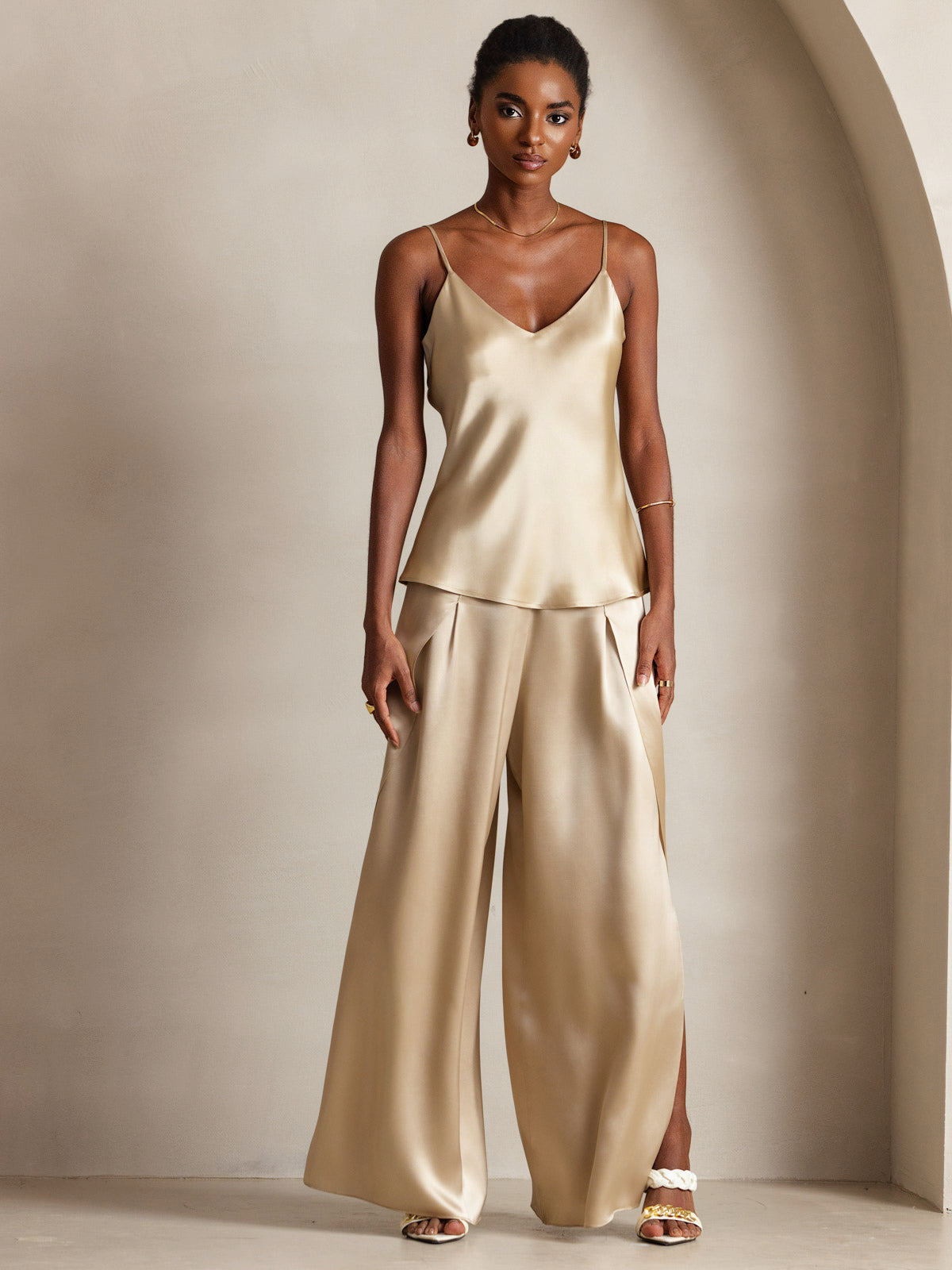 [Champagne] SilkSilky-FR Pure Soie Col en V Top À Fines Brides 005
