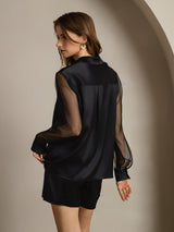 [Noir] SilkSilky-FR Long Sleeve Lapel Collar Femme Chemise 002