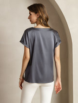 [Gris Foncé] SilkSilky-FR Short Sleeve Boat Neck Femme T-Shirt 002