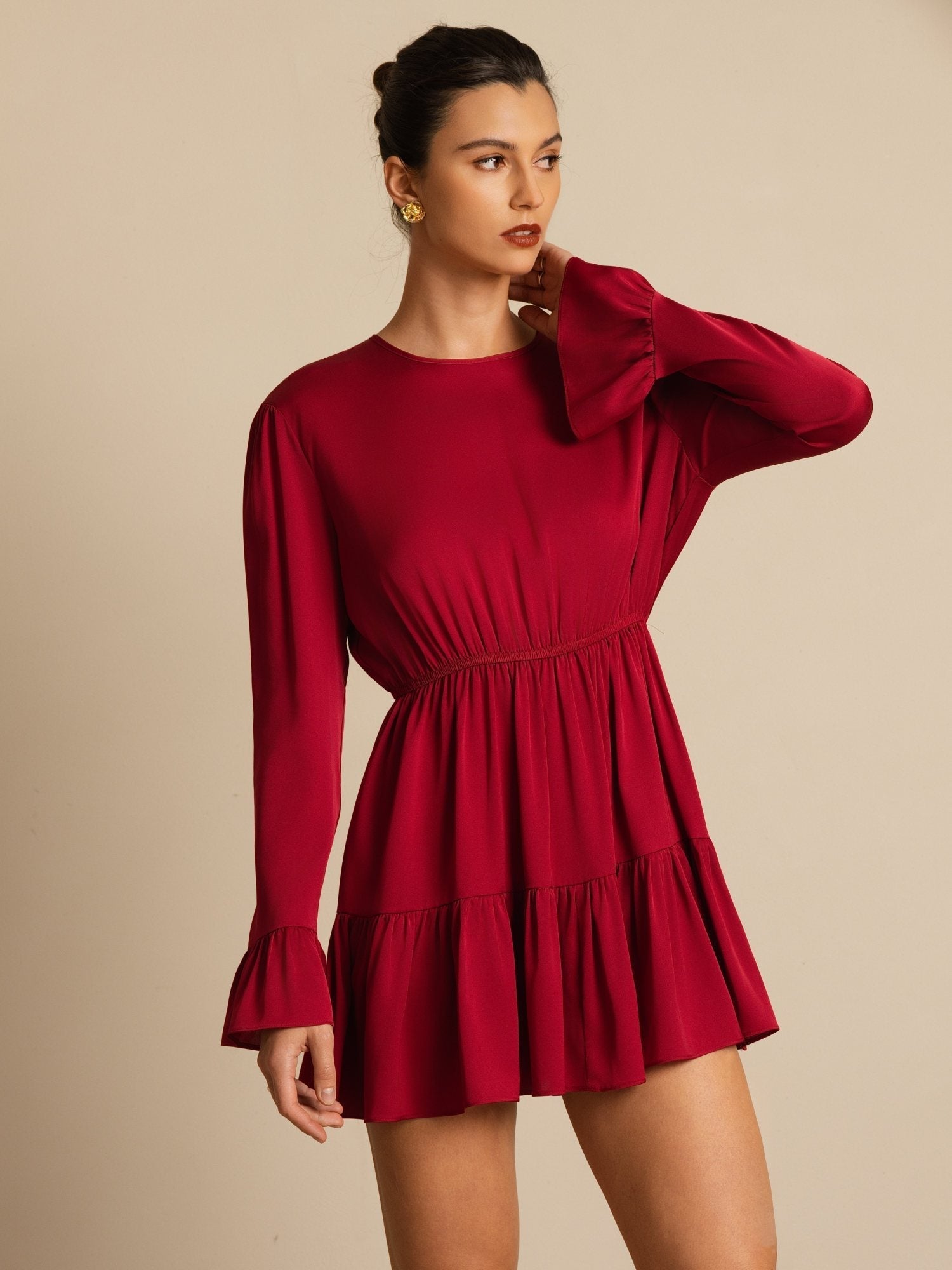 [Rouge Vineux] SilkSilky-FR 19Momme Soie Manches longues Col Rond Robes 006