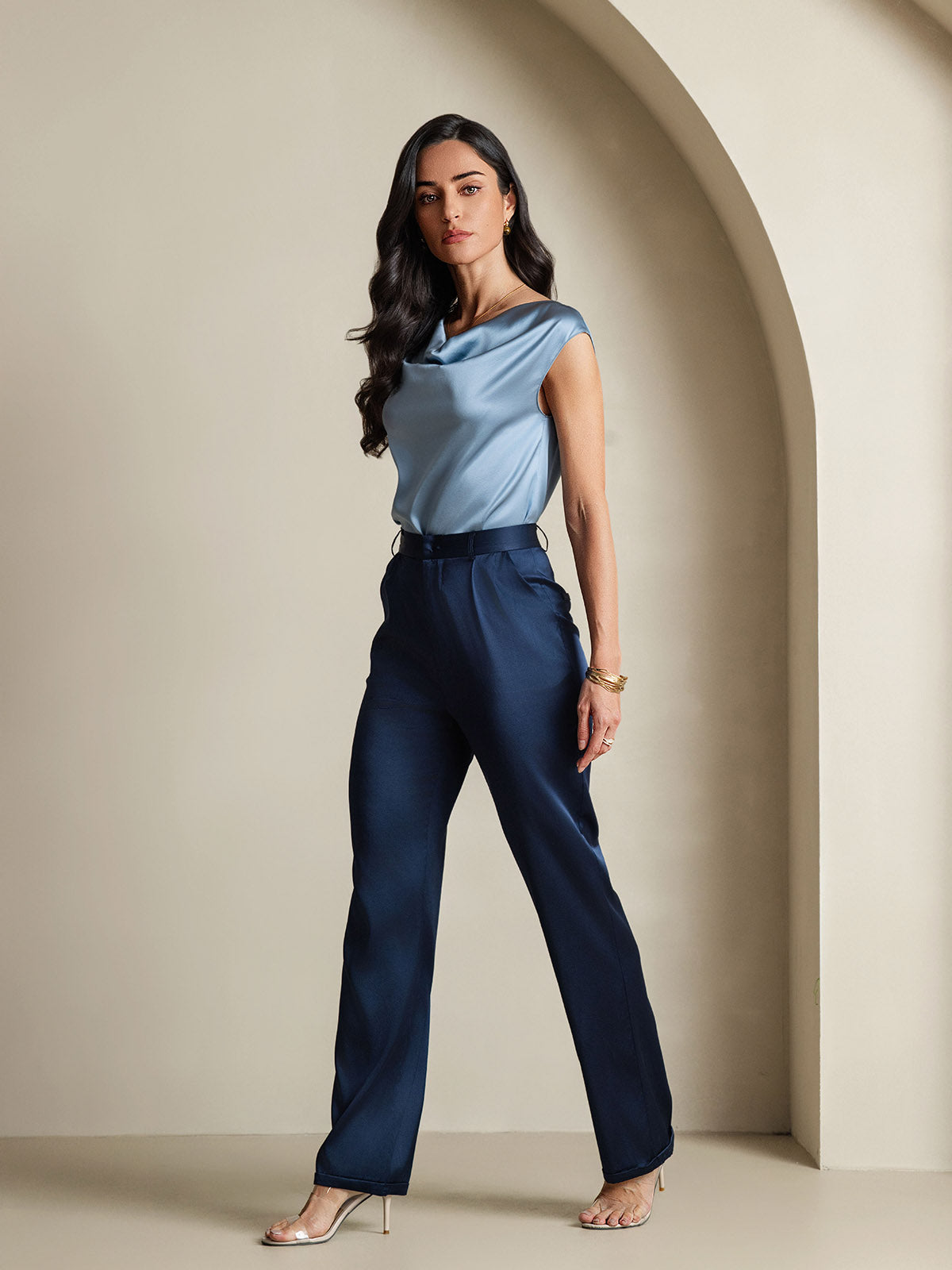 [Bleu Grisâtre] SilkSilky-FR 19Momme Soie Col Bénitier Femme T-Shirt 008