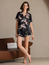 [Noir] SilkSilky-FR Short Sleeve Lapel Collar Femme Pyjamas 006