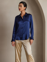 [Bleu Foncé] SilkSilky-FR Long Sleeve Lapel Collar Femme Chemise 001