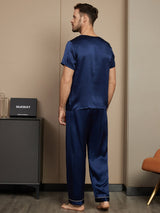 [Bleu Foncé] SilkSilky-FR Pure Soie Manches courtes Col Rond Homme Pyjamas 002