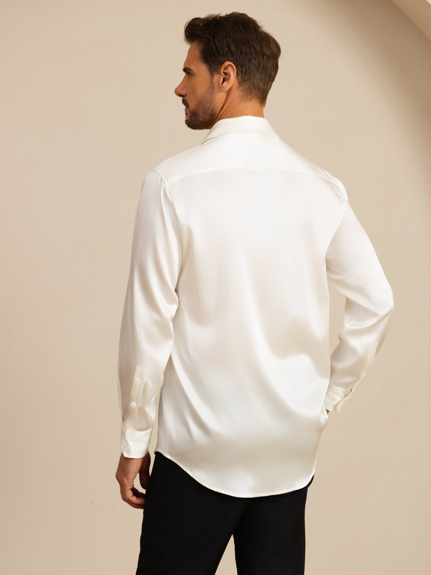 [Blanc] SilkSilky-FR 19Momme Manches longues Col à Revers Homme Chemise 002