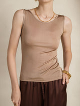 [Café] SilkSilky-FR Sans manches Col Rond Femme T-Shirt 005