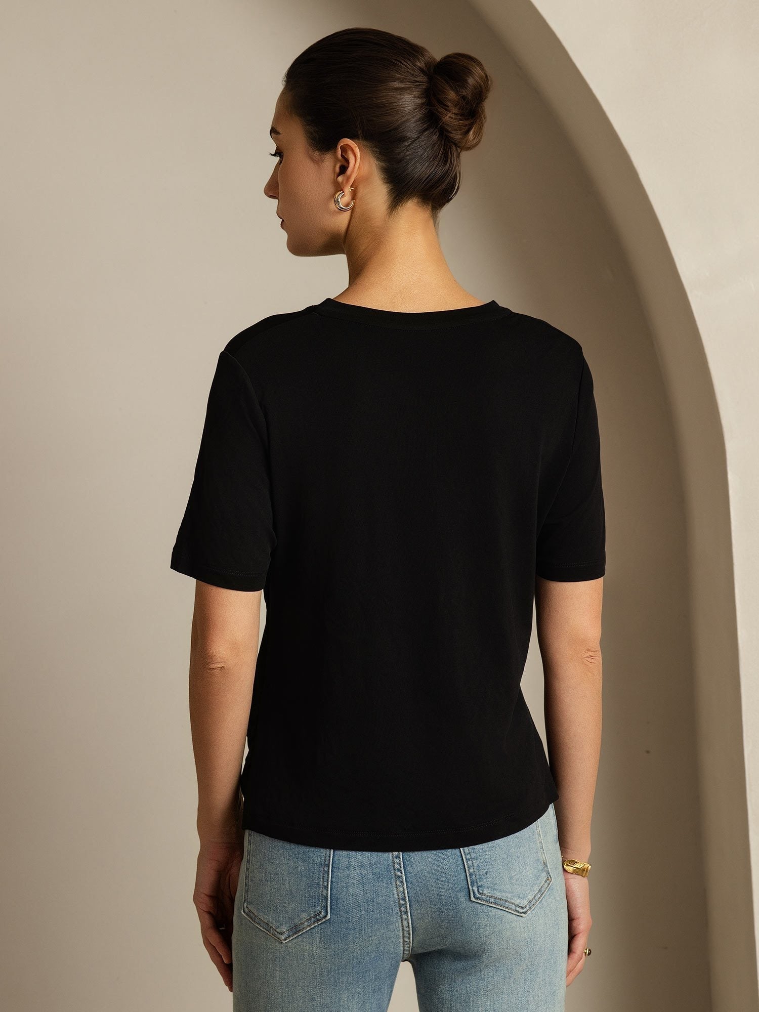 [Noir] SilkSilky-FR Manches courtes Col V Femme T-Shirt 002