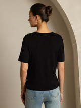 [Noir] SilkSilky-FR Manches courtes Col V Femme T-Shirt 002