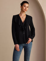 [Noir] SilkSilky-FR Long Sleeve Deep V Neck Blouse 001