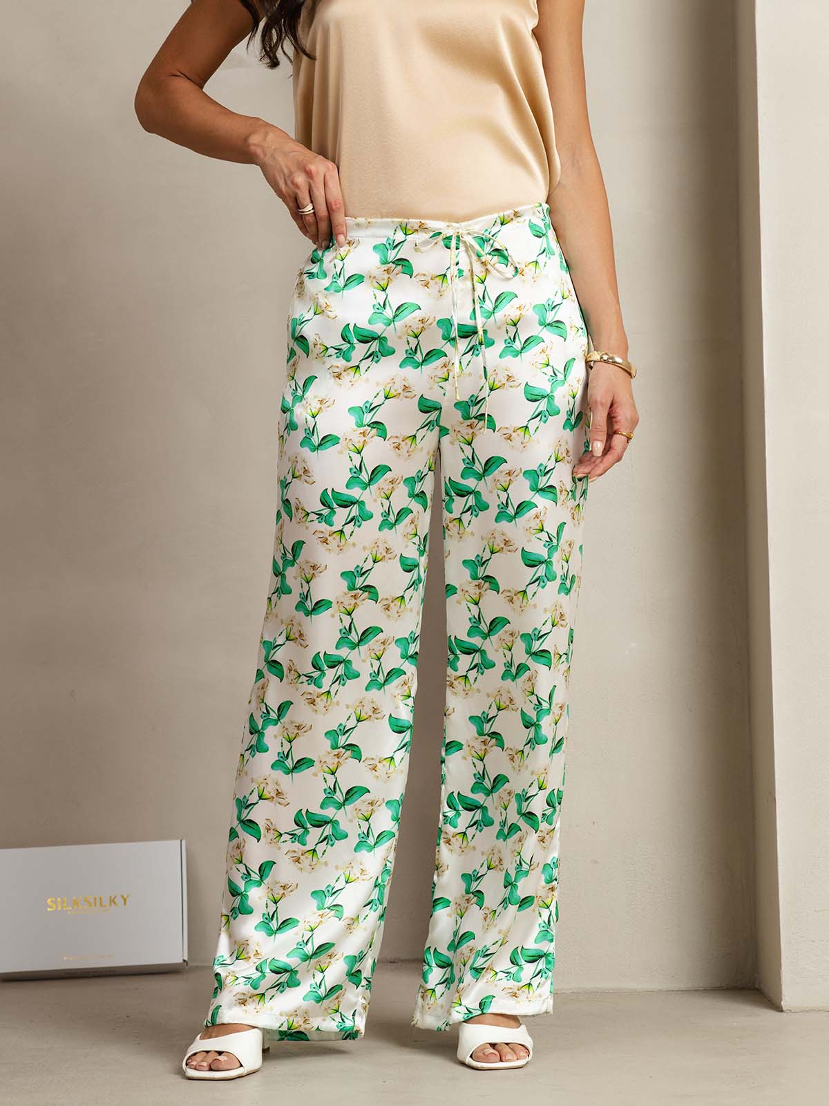 [Floral Vert] SilkSilky-FR 19Momme Soie Womens Pants 001