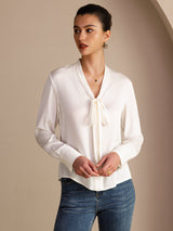 [Blanc] SilkSilky-FR Long Sleeve Tie Neck Blouse 004