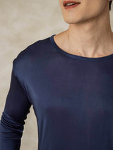 [Bleu Foncé] SilkSilky-FR Long Sleeve Round Neck Sous Vêtements Longs Homme 004
