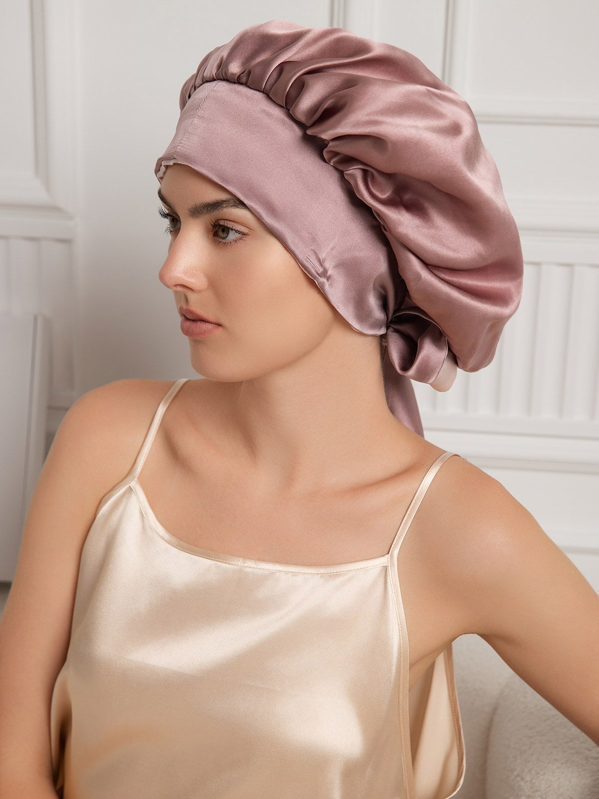 [Mauve Pâle] SilkSilky-FR Pure Soie Sleep Cap 001