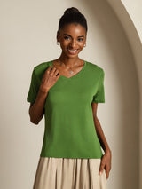 [Vert] SilkSilky-FR Short Sleeve V Neck Femme T-Shirt 005