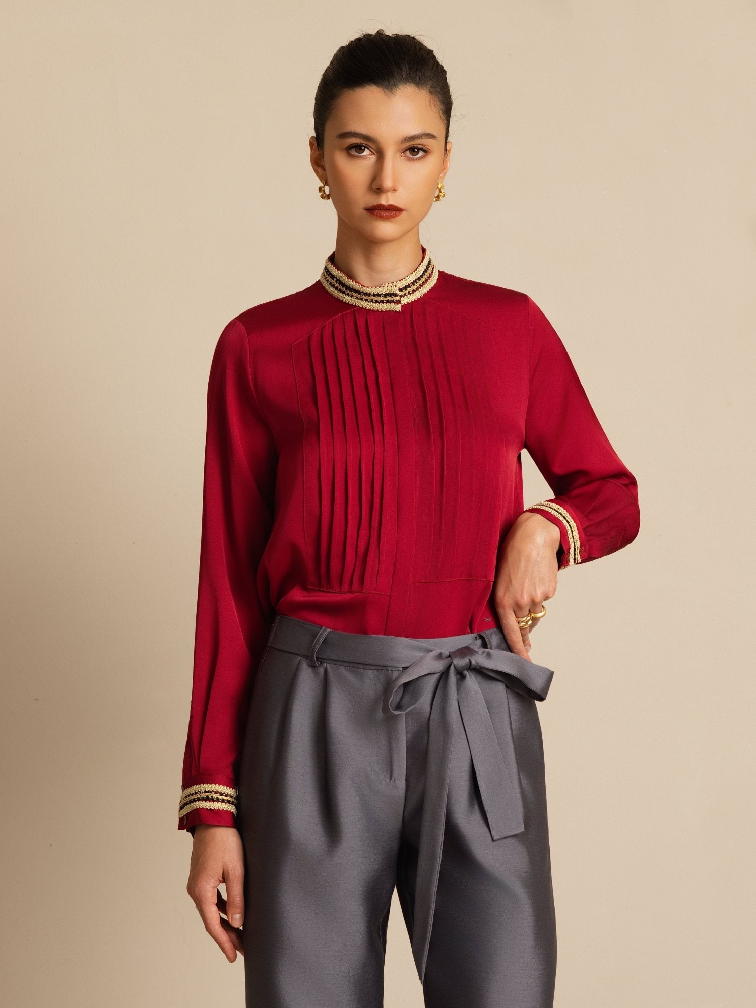 [Rouge Vineux] SilkSilky-FR 19Momme Soie Manches longues Col Montant Blouse 001