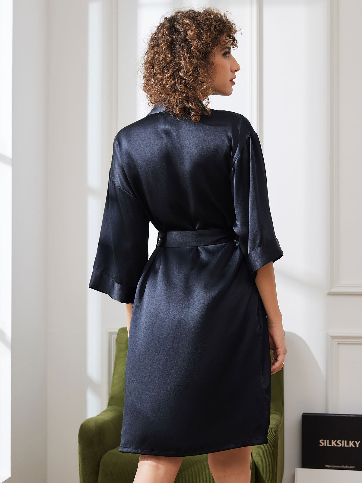 [Noir] SilkSilky-FR Pure Soie Womens Robe 002