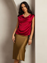 [Rouge Vineux] SilkSilky-FR Cap Sleeve Cowl Neck Femme T-Shirt 004