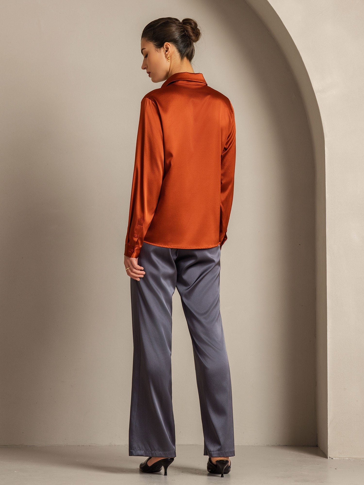 [Caramel] SilkSilky-FR 19Momme Soie Manches longues Col Chemise Femme Chemise 010