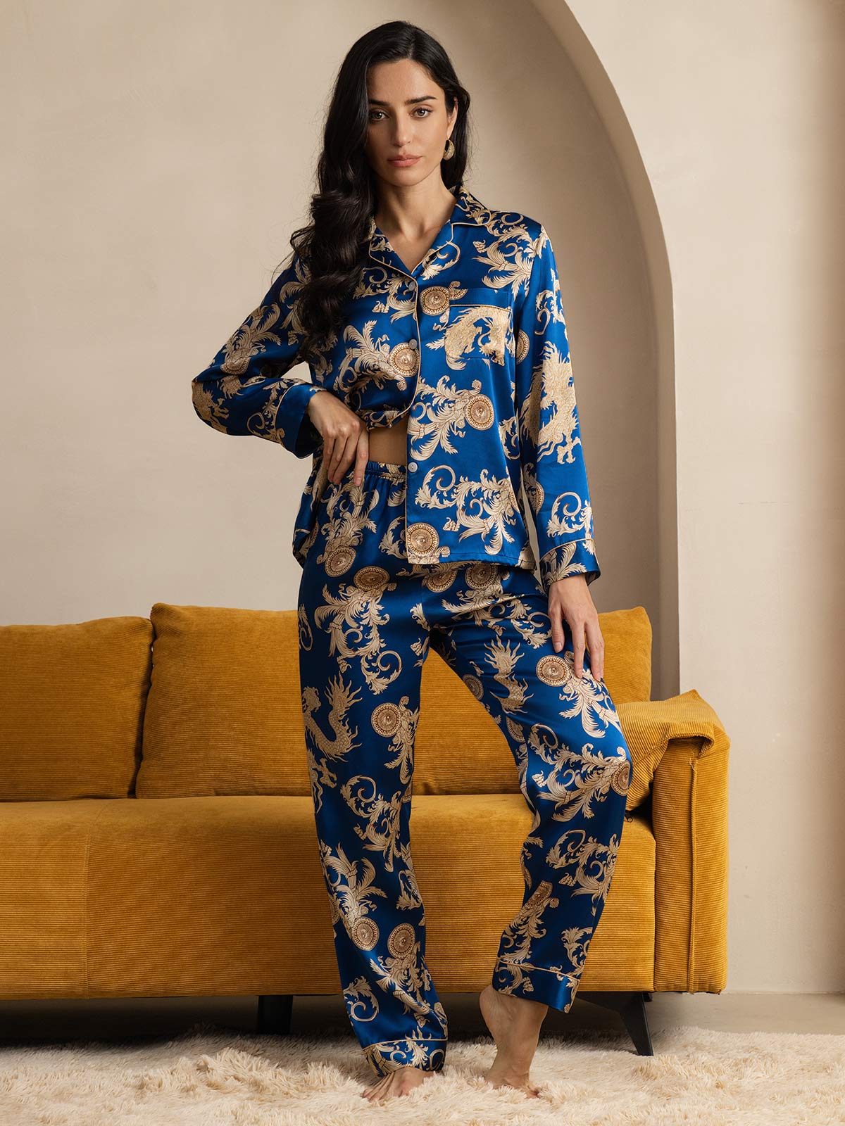 [Dragon Navy] SilkSilky-FR Pure Soie Womens Pajamas 004