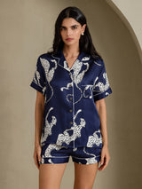 [Guépard Bleu Marine] SilkSilky-FR Short Sleeve Notch Collar Femme Pyjamas 004