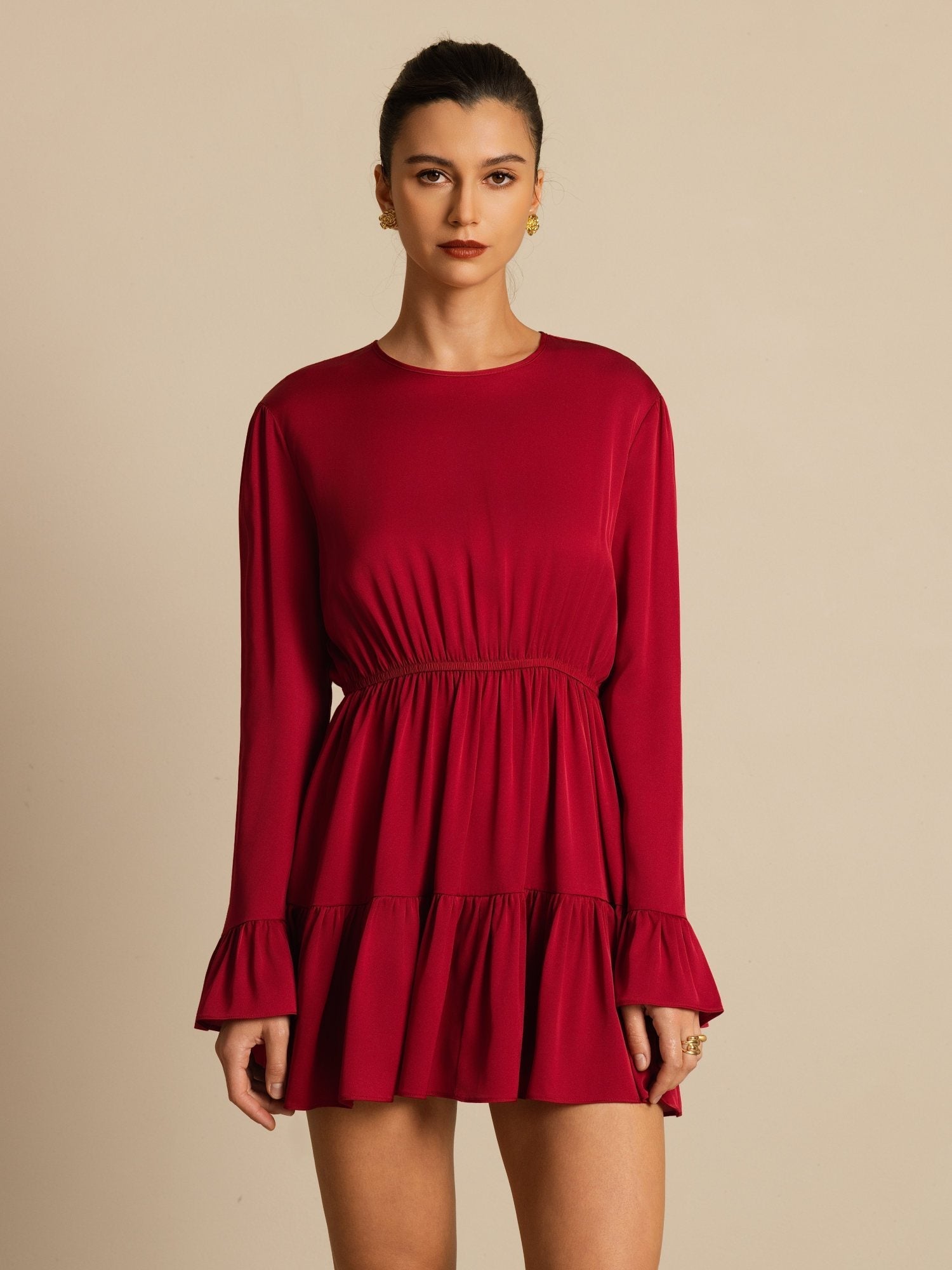 [Rouge Vineux] SilkSilky-FR 19Momme Soie Manches longues Col Rond Robes 005