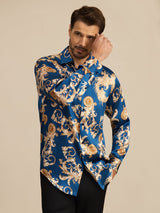 [Dragon Navy] SilkSilky-FR Long Sleeve Lapel Collar Homme Chemise 006