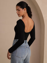 [Noir] SilkSilky-FR Long Sleeve Col en U Femme T-Shirt 001