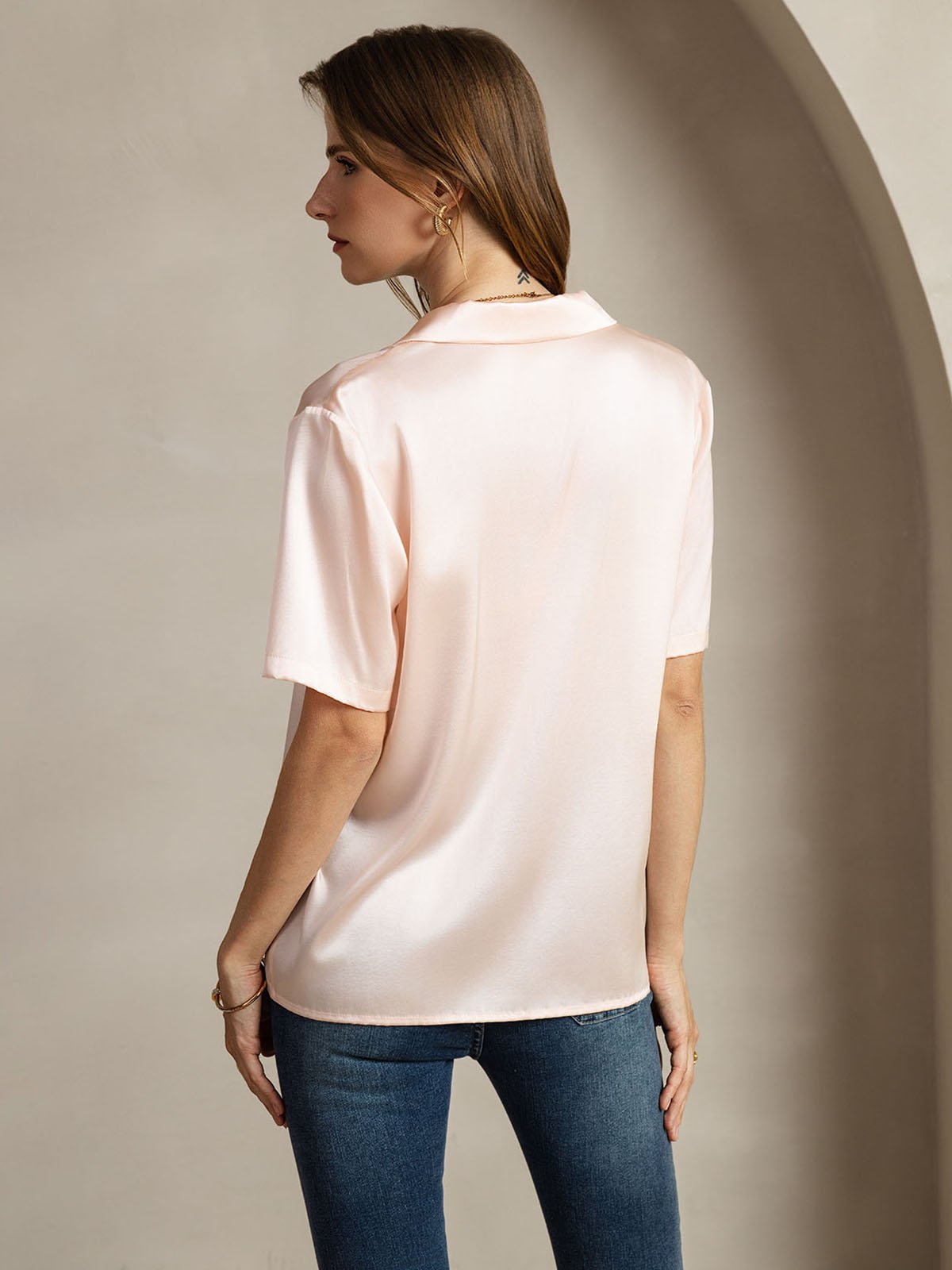 [Rose] SilkSilky-FR 19Momme Soie Découpe V Femme Chemise 002