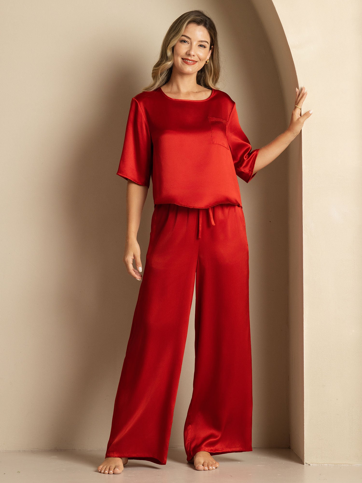 [Rouge Vineux] SilkSilky-FR Pure Soie Col Rond Femme Pyjamas 005
