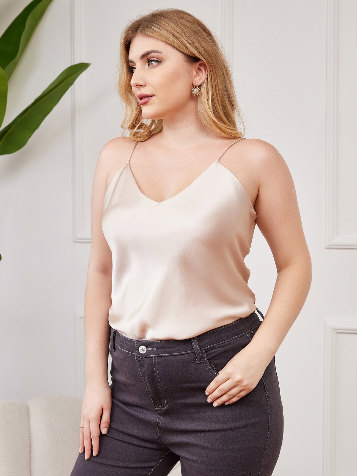 [Beige] SilkSilky-FR Fines Brides Col V Top À Fines Brides grandes tailles 003