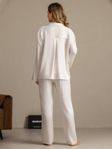 [Blanc] SilkSilky-FR 19Momme Manches longues Col Cranté Femme Pyjamas 002