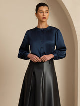 [Bleu Foncé] SilkSilky-FR 19Momme Long Sleeve Round Neck Blouse 004
