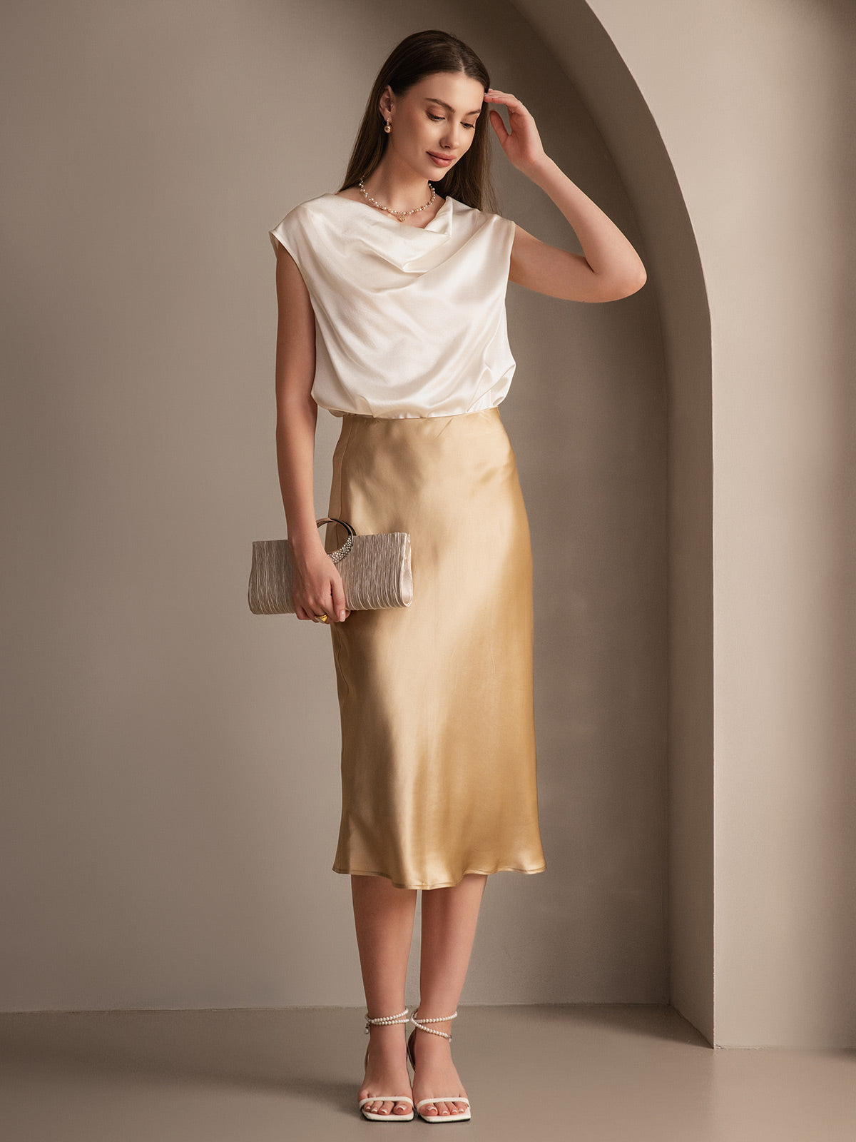 SilkSilky-FR 19Momme Pure Soie Skirt Champagne 005