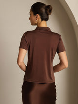 [Café] SilkSilky-FR 100% Silk Jersey Short Sleeve Mock Neck Femme T-Shirt 002