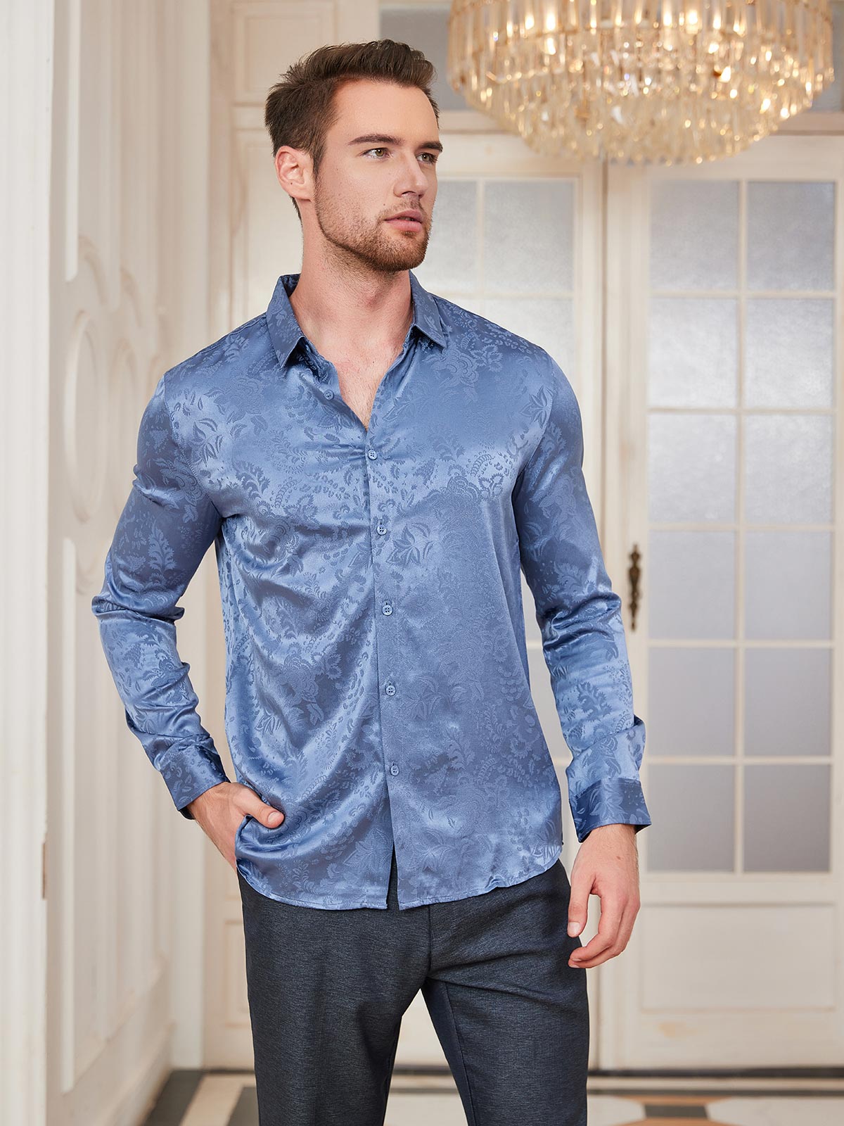 SilkSilky FR Soie Manches longues Col Chemise Homme Chemise BleuClair 001