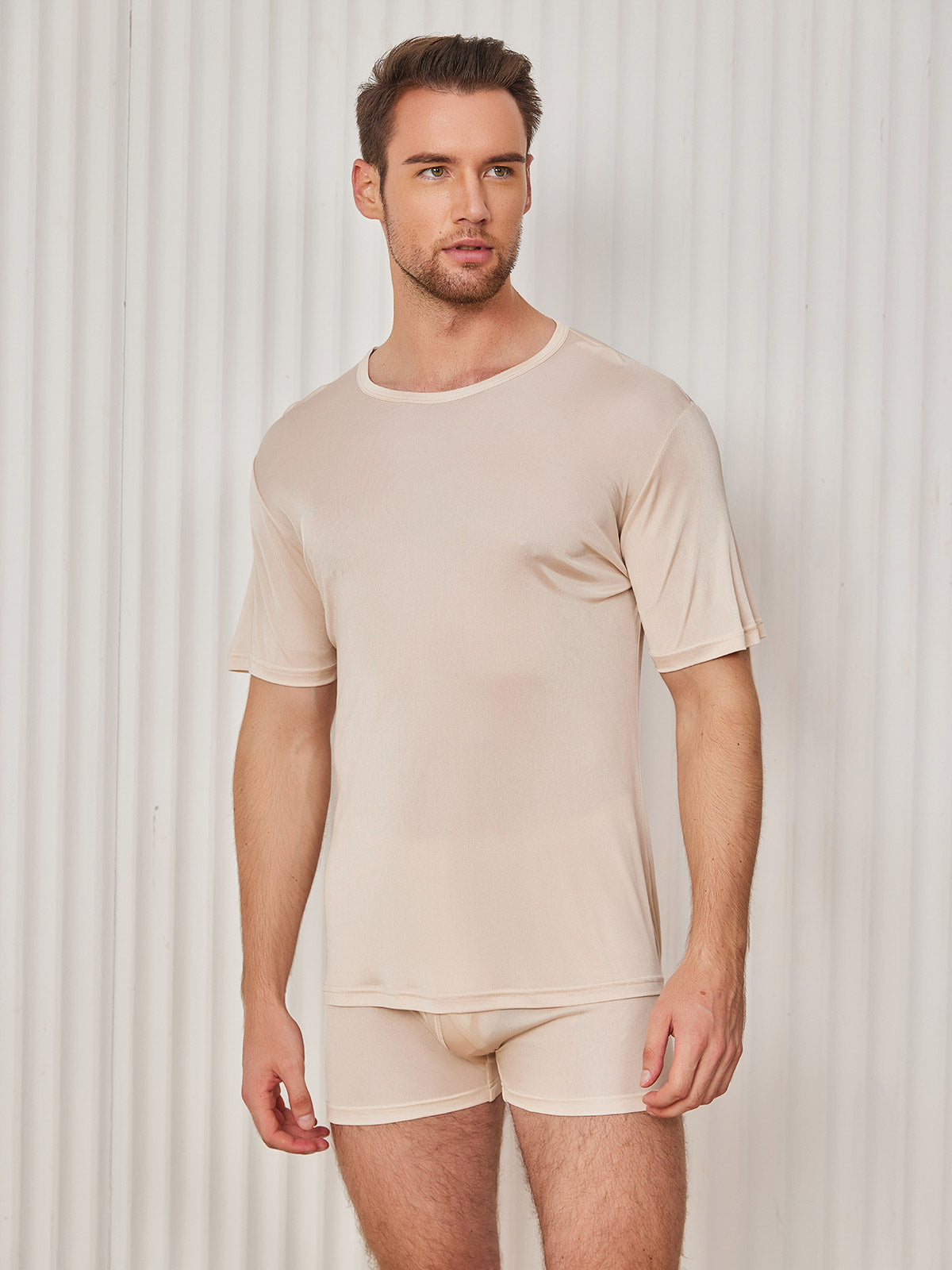 SilkSilky-FR Soie Tricotée Manches courtes Col Rond Homme T-Shirt Beige 001