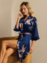 [Bleu Foncé] SilkSilky-FR 3/4 Sleeve Femme Peignoir 007