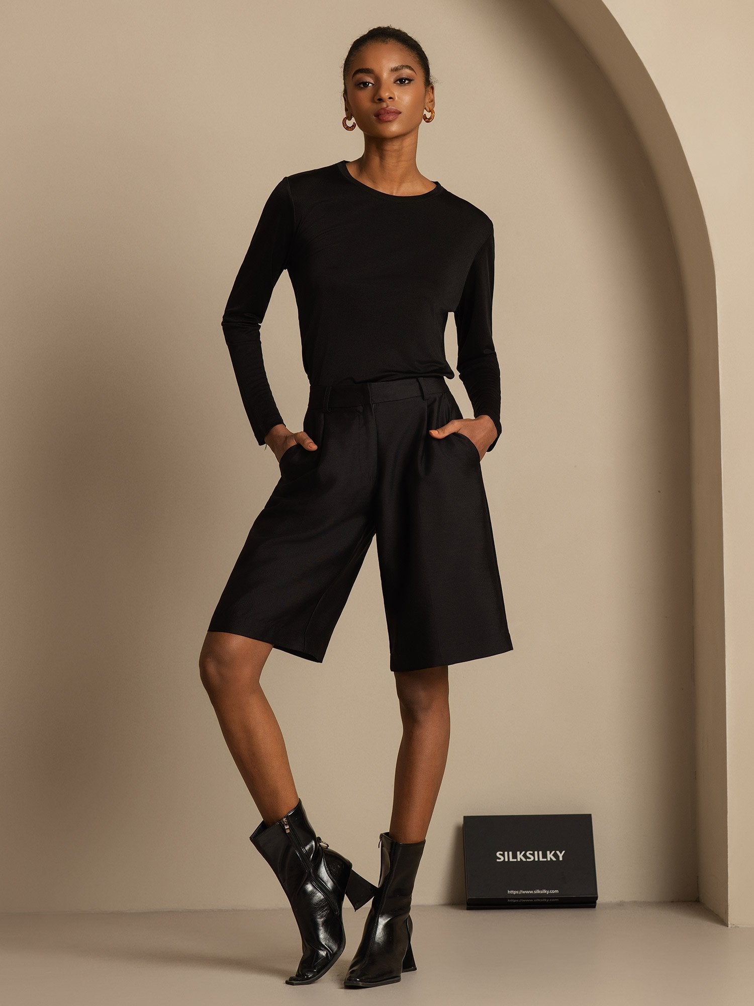 [Noir] SilkSilky-FR 32Momme Soie Womens Shorts 005,