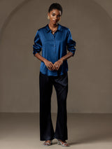 [Bleu Royal] SilkSilky-FR Long Sleeve Lapel Collar Femme Chemise 005