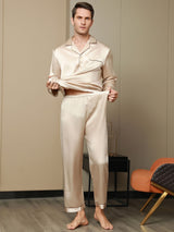 [Tan] SilkSilky-FR Pure Soie Manches longues Revers Homme Pyjamas 010