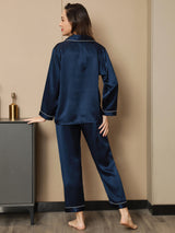 [Bleu Foncé] SilkSilky-FR Long Sleeve Lapel Collar Femme Pyjamas 003