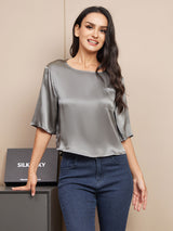 [Gris Foncé] SilkSilky-FR Manches mi-longues Encolure Dégagée Femme T-Shirt 005