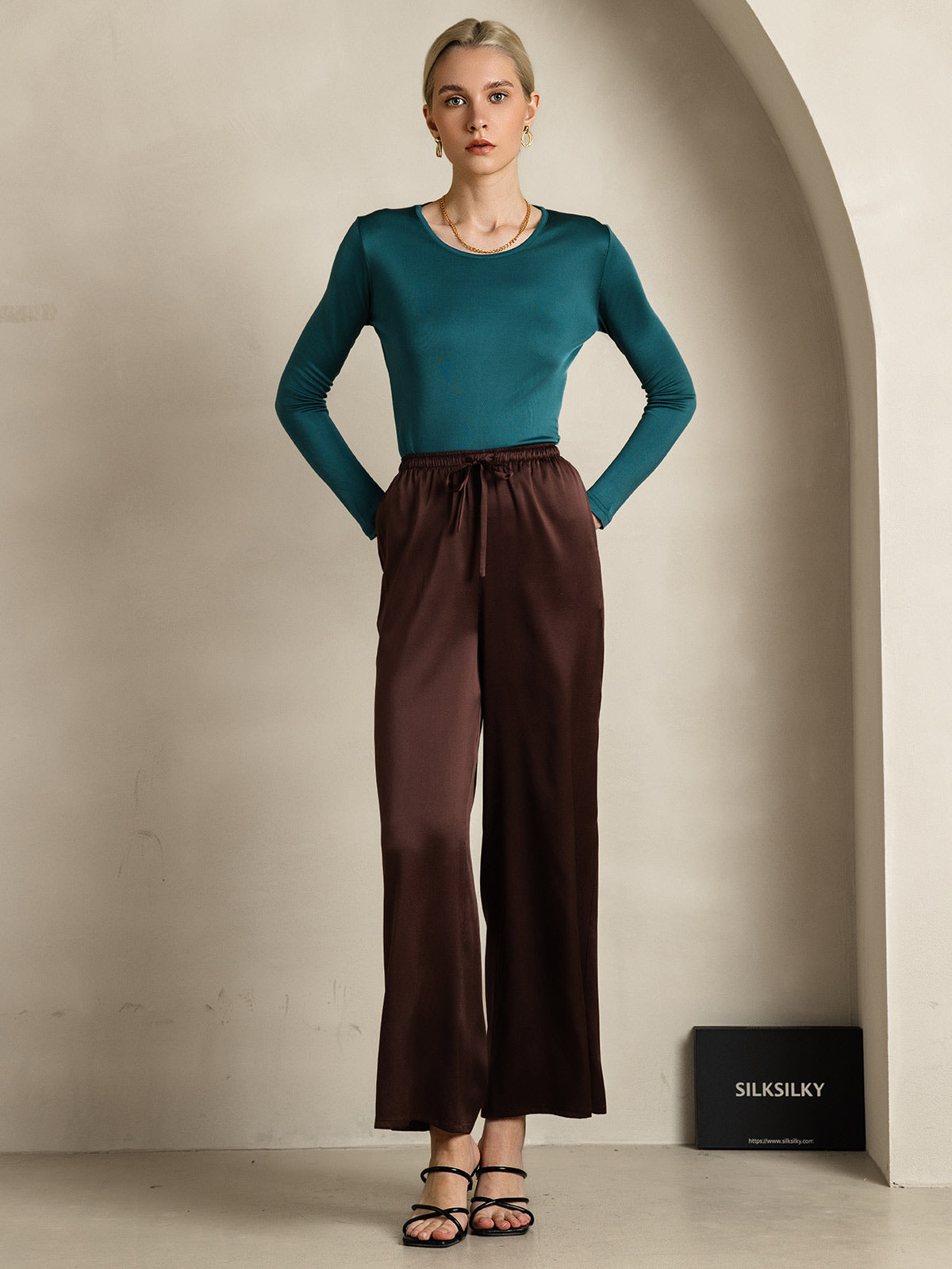 [Café] SilkSilky-FR Pure Soie Womens Pants 006